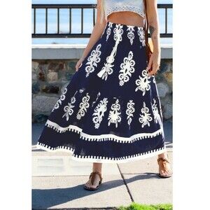 CUPSHE Boho Ornate Maxi Skirt Women’s Front Tie Smocked Waist Rayon NWT Small